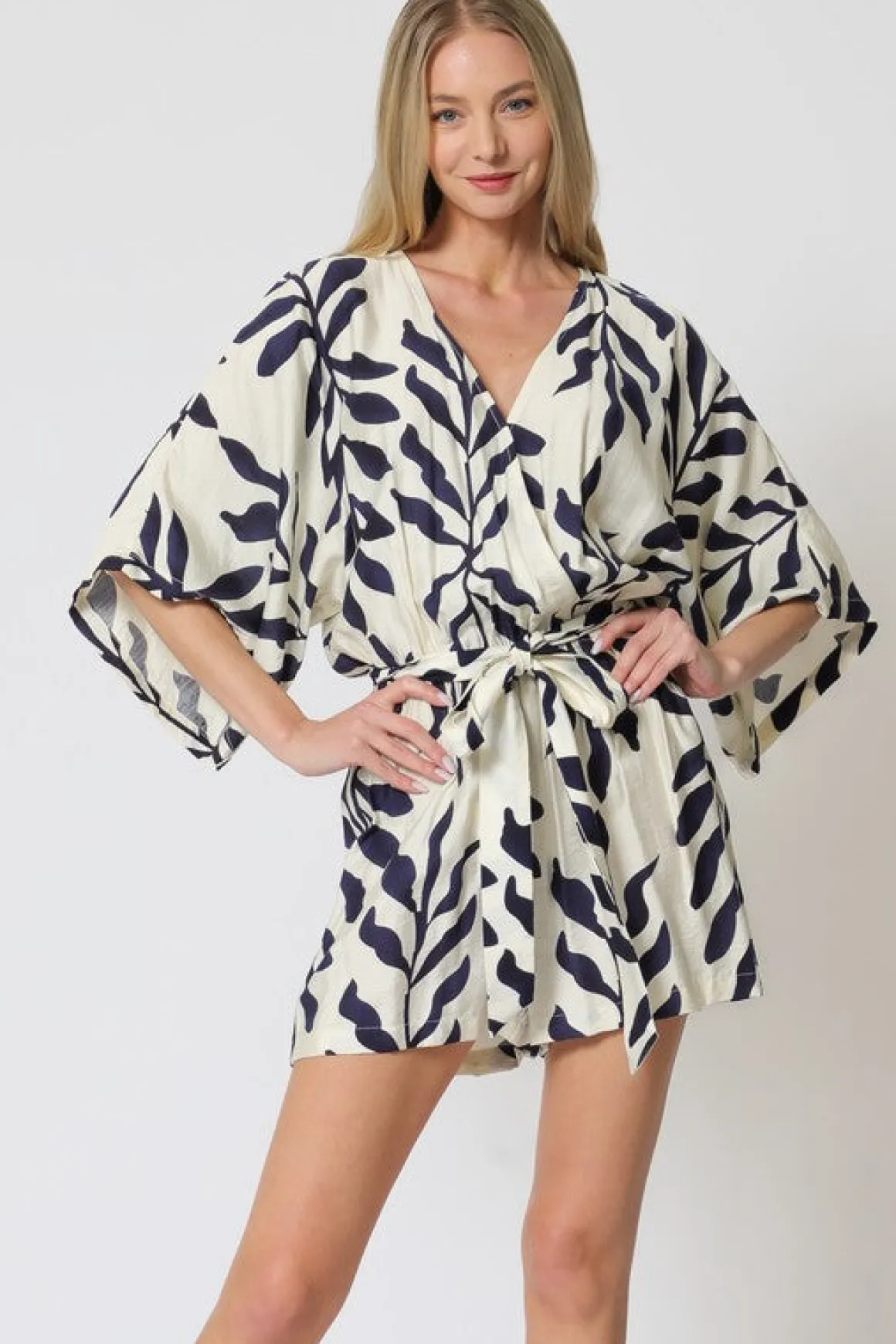 Amara Kimono Sleeve Waist Tie Printed Romper Ivory