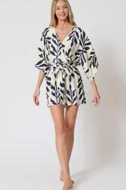 Amara Kimono Sleeve Waist Tie Printed Romper Ivory