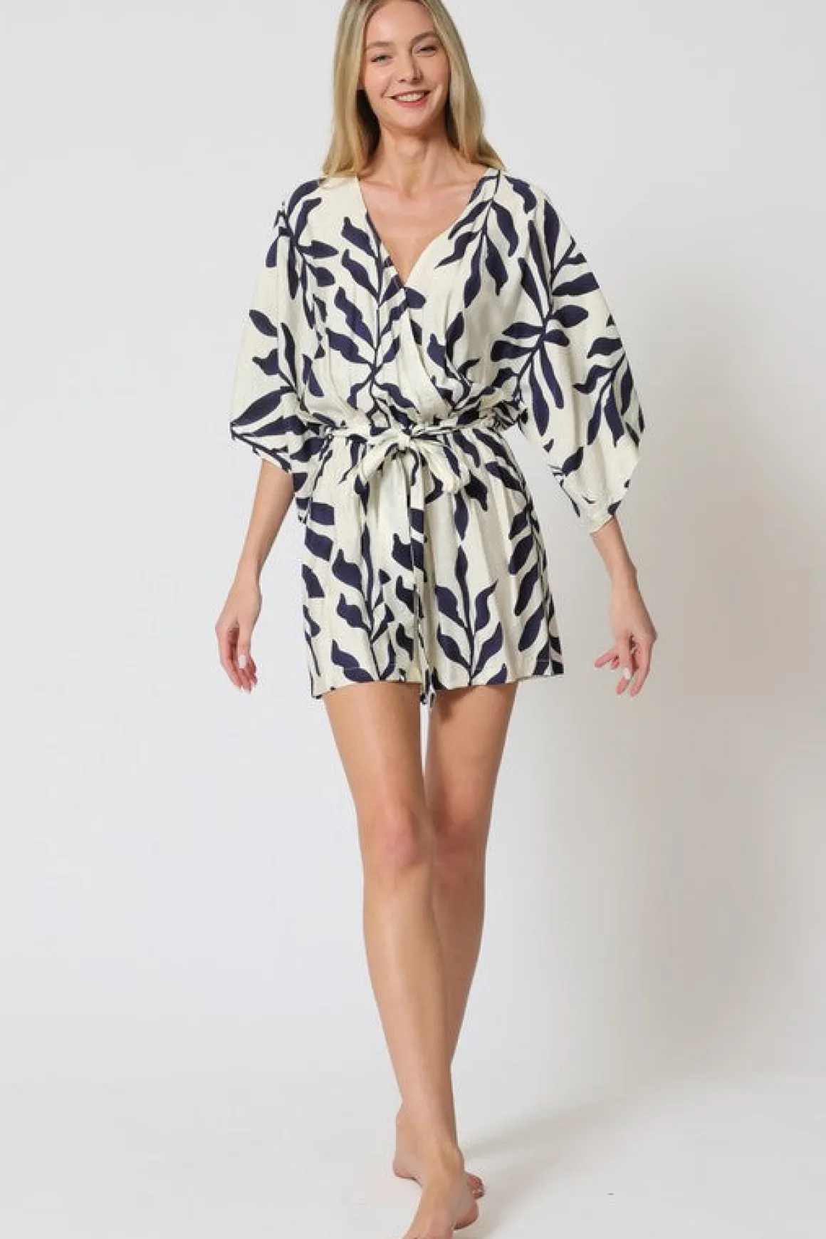 Amara Kimono Sleeve Waist Tie Printed Romper Ivory