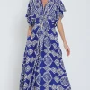 Amberlynn Kimono Sleeve Front Tie Printed Wide Leg Jumpsuit Blue
