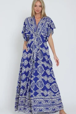 Amberlynn Kimono Sleeve Front Tie Printed Wide Leg Jumpsuit Blue