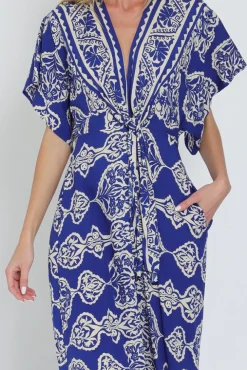 Amberlynn Kimono Sleeve Front Tie Printed Wide Leg Jumpsuit Blue
