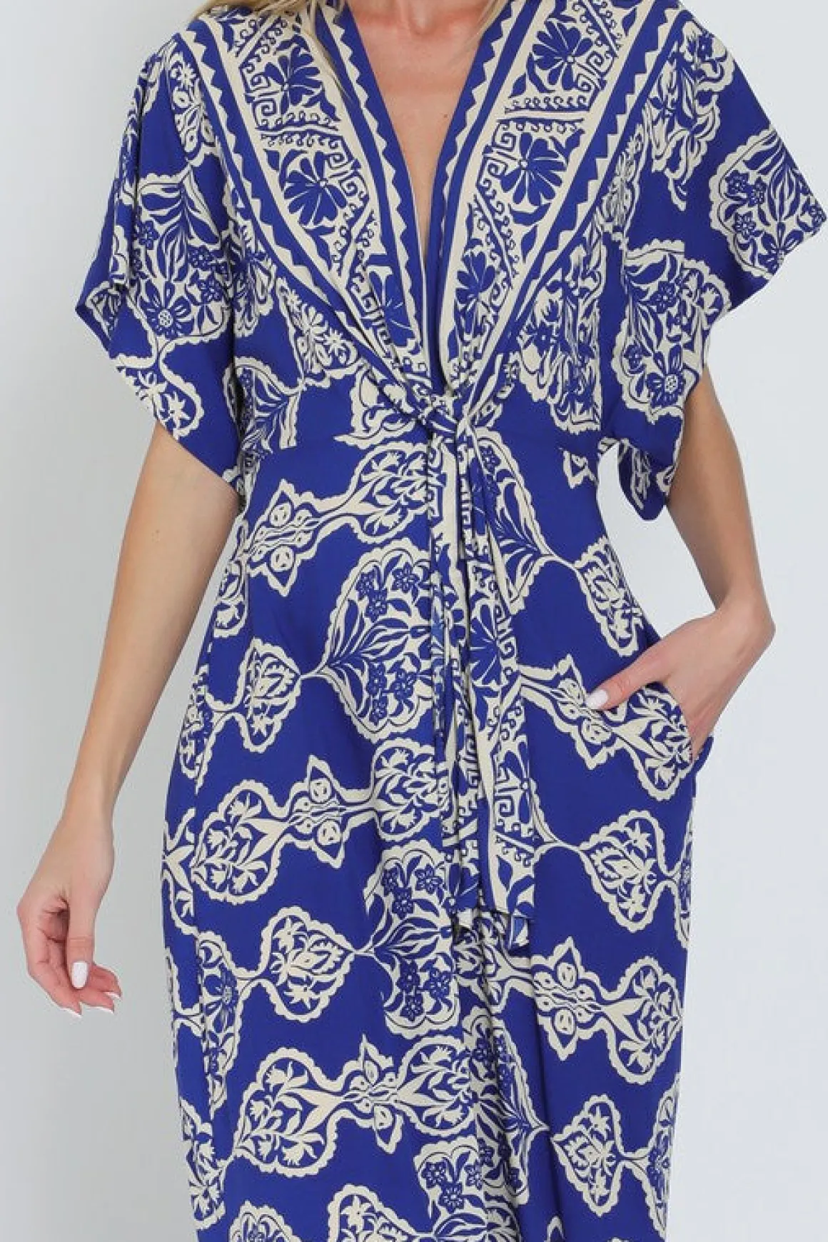 Amberlynn Kimono Sleeve Front Tie Printed Wide Leg Jumpsuit Blue