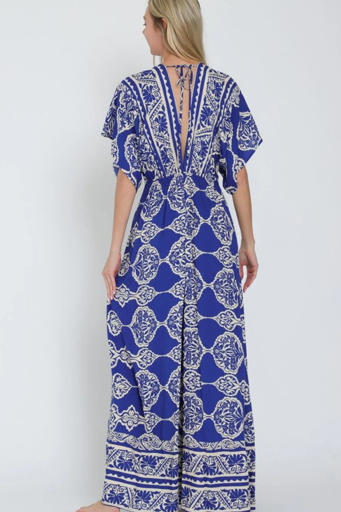 Amberlynn Kimono Sleeve Front Tie Printed Wide Leg Jumpsuit Blue