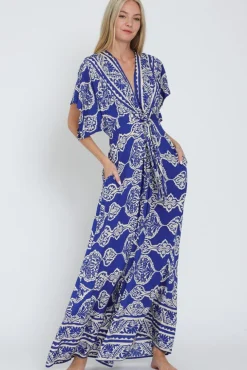 Amberlynn Kimono Sleeve Front Tie Printed Wide Leg Jumpsuit Blue