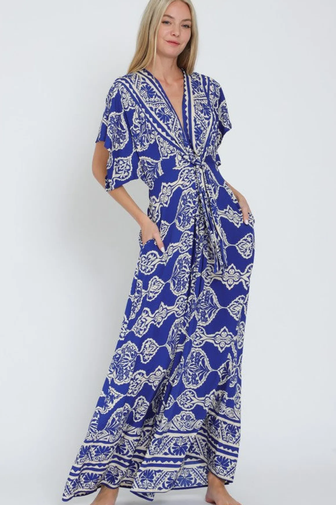 Amberlynn Kimono Sleeve Front Tie Printed Wide Leg Jumpsuit Blue