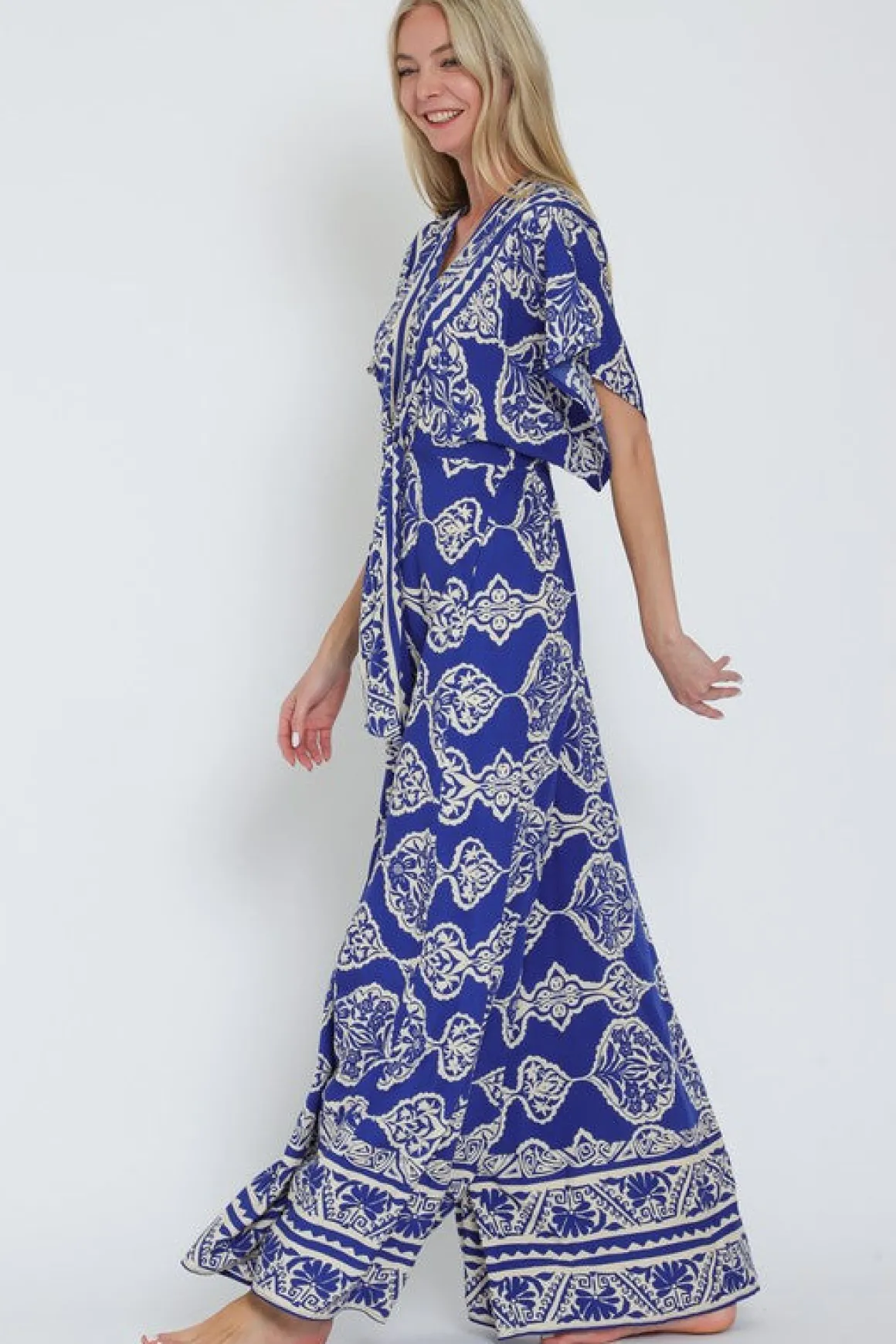 Amberlynn Kimono Sleeve Front Tie Printed Wide Leg Jumpsuit Blue