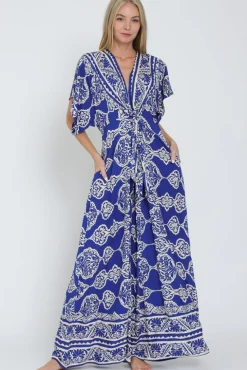 Amberlynn Kimono Sleeve Front Tie Printed Wide Leg Jumpsuit Blue