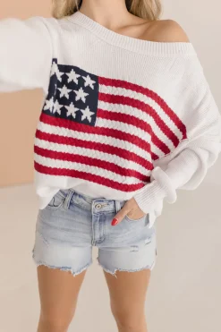 American Flag Print Sweater Top White