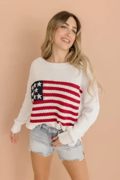 American Flag Print Sweater Top White