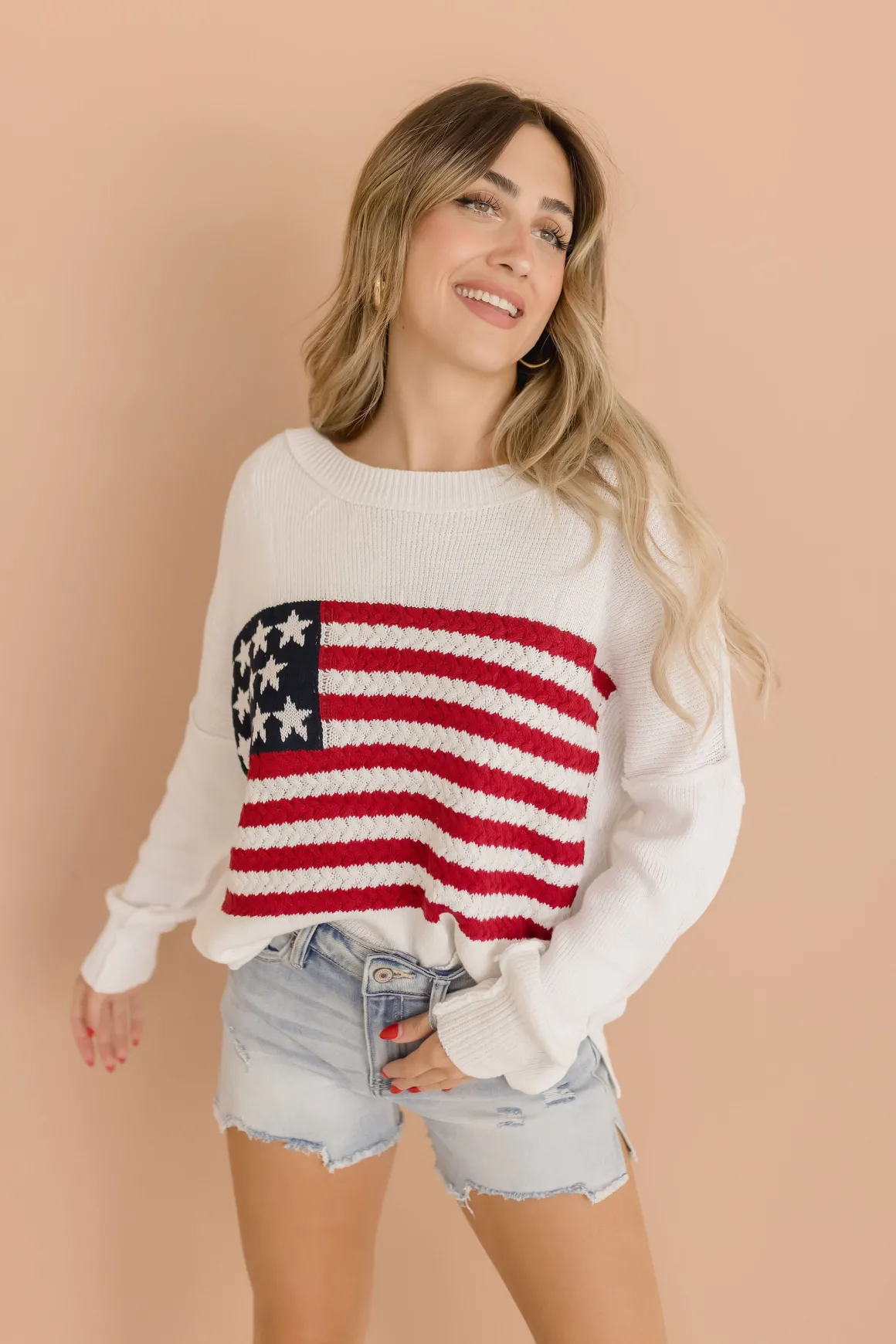 American Flag Print Sweater Top White