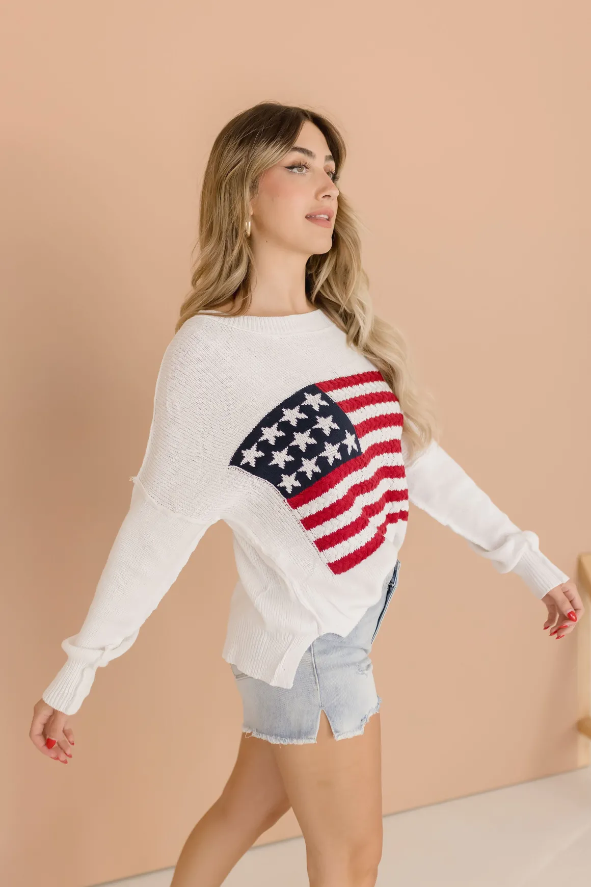 American Flag Print Sweater Top White