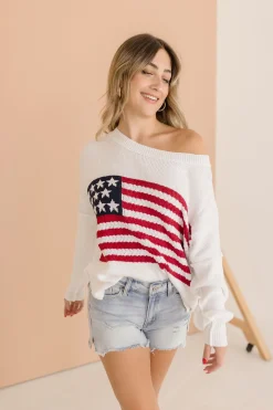 American Flag Print Sweater Top White