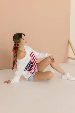 American Flag Print Sweater Top White