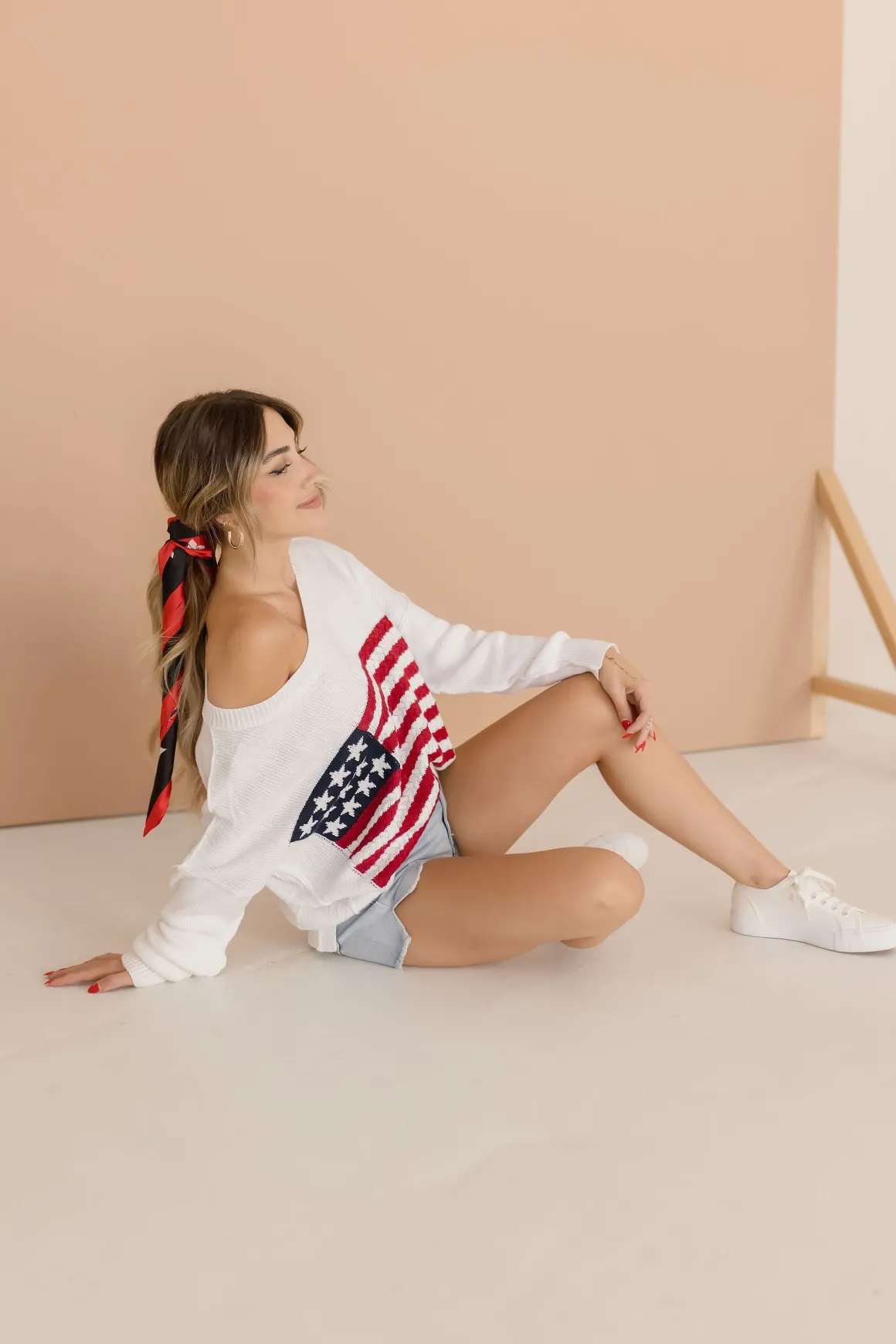 American Flag Print Sweater Top White