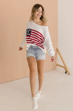 American Flag Print Sweater Top White