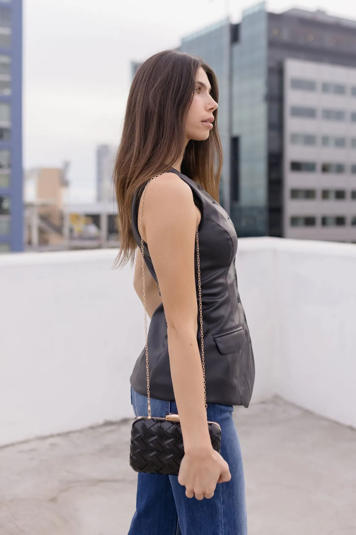 Amy Faux Leather Woven Crossbody Clutch Black
