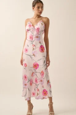 Anastasia Sleeveless Floral Print Satin Slip Midi Dress Pink