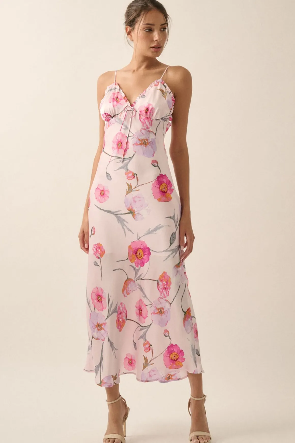 Anastasia Sleeveless Floral Print Satin Slip Midi Dress Pink