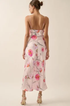 Anastasia Sleeveless Floral Print Satin Slip Midi Dress Pink
