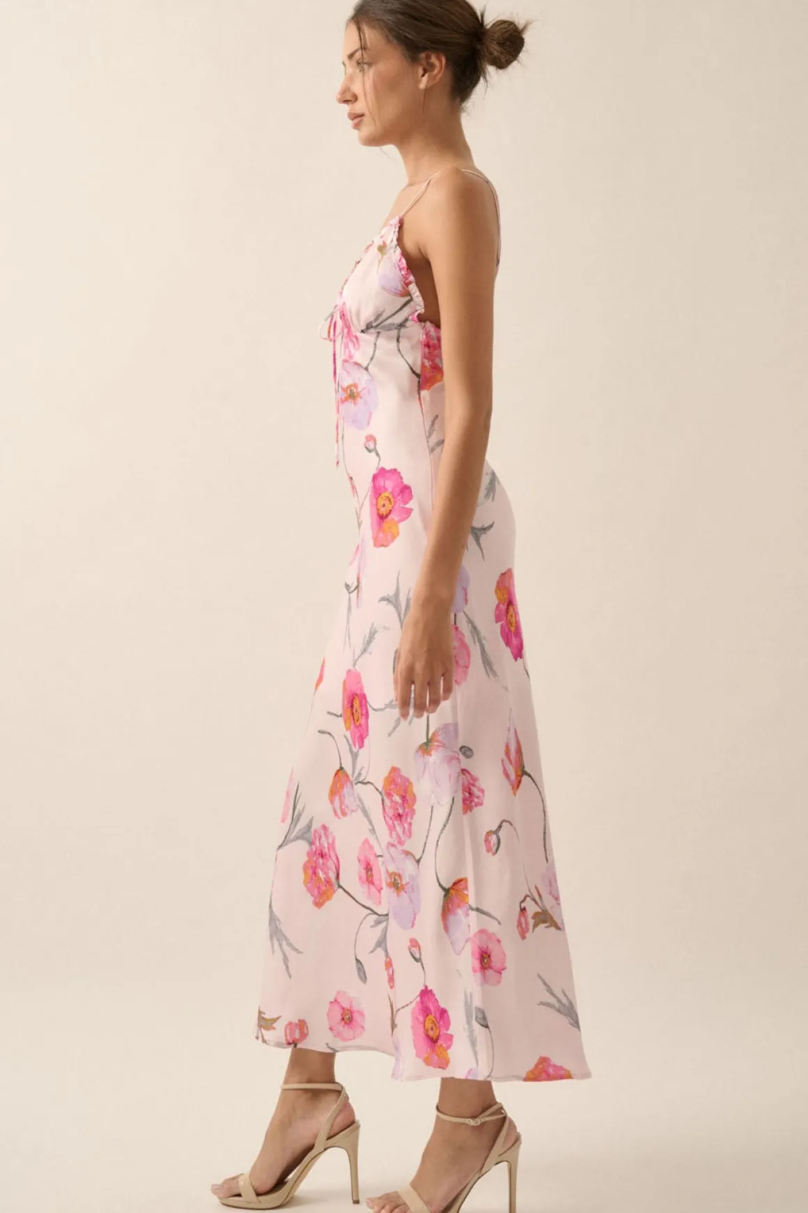Anastasia Sleeveless Floral Print Satin Slip Midi Dress Pink