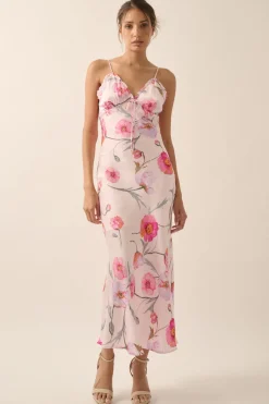 Anastasia Sleeveless Floral Print Satin Slip Midi Dress Pink