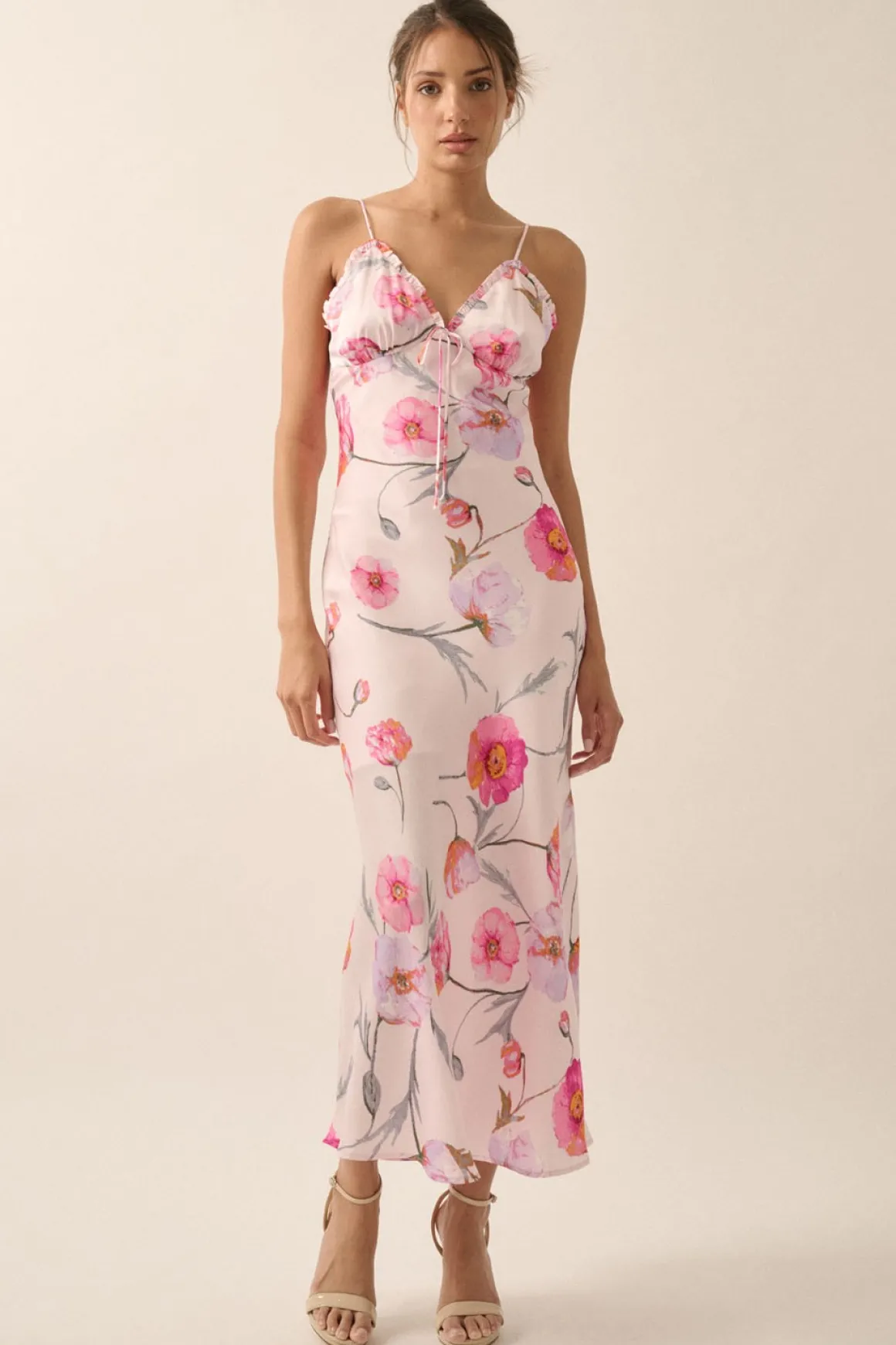 Anastasia Sleeveless Floral Print Satin Slip Midi Dress Pink