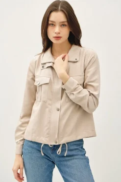 Angela Long Sleeve Drawstring Utility Jacket Taupe Beige