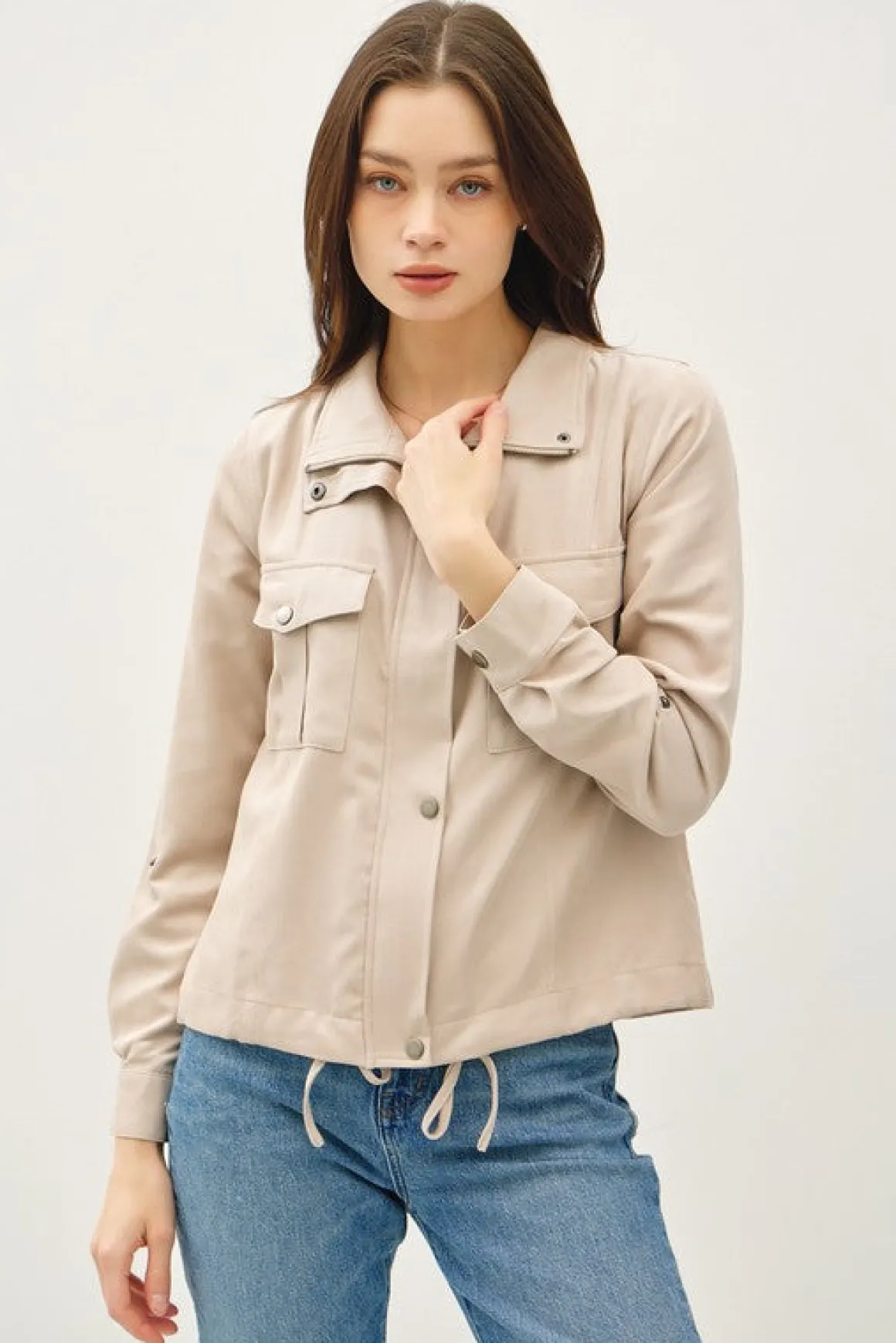 Angela Long Sleeve Drawstring Utility Jacket Taupe Beige