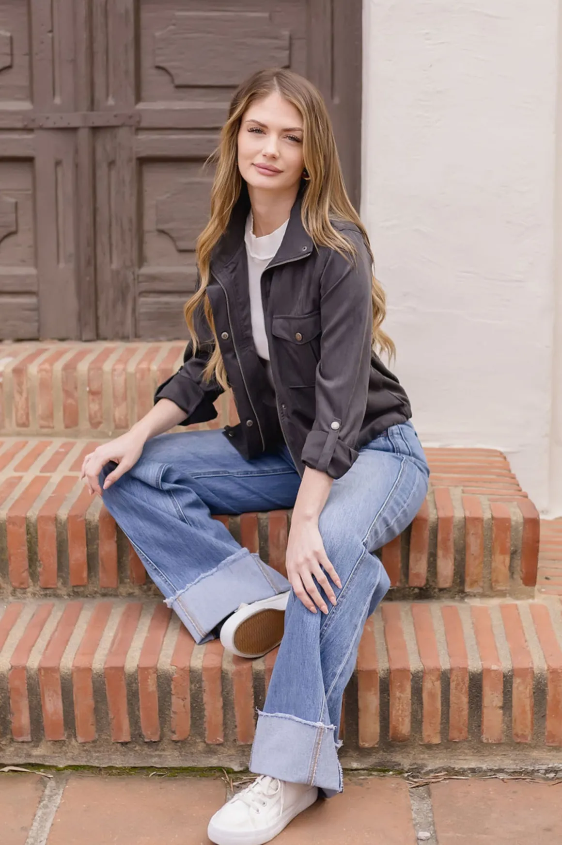 Angela Long Sleeve Drawstring Utility Jacket Taupe Black