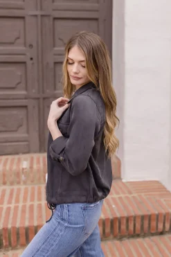 Angela Long Sleeve Drawstring Utility Jacket Taupe Black