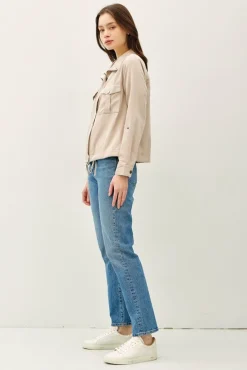 Angela Long Sleeve Drawstring Utility Jacket Taupe Beige