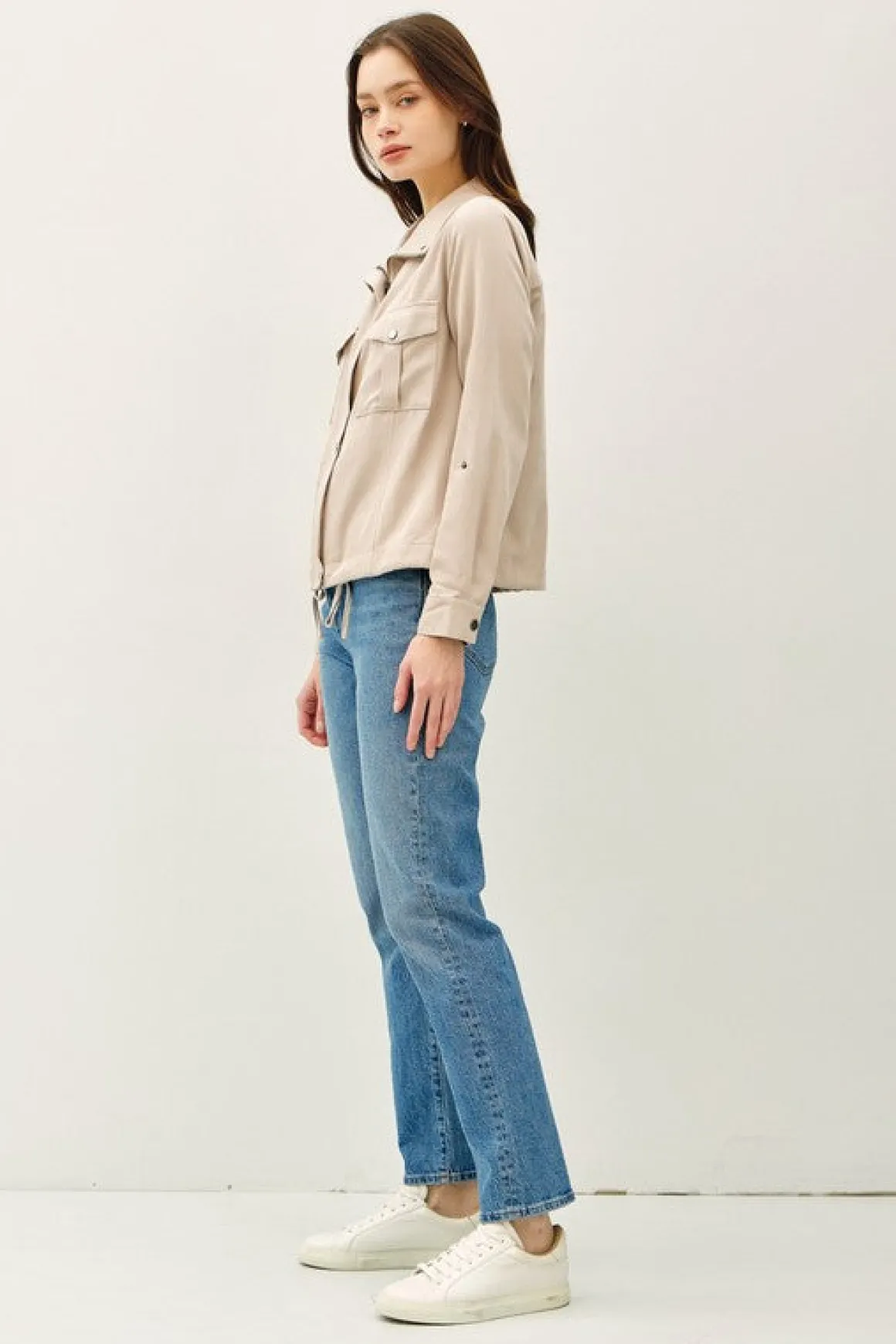 Angela Long Sleeve Drawstring Utility Jacket Taupe Beige