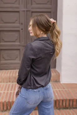 Angela Long Sleeve Drawstring Utility Jacket Taupe Black
