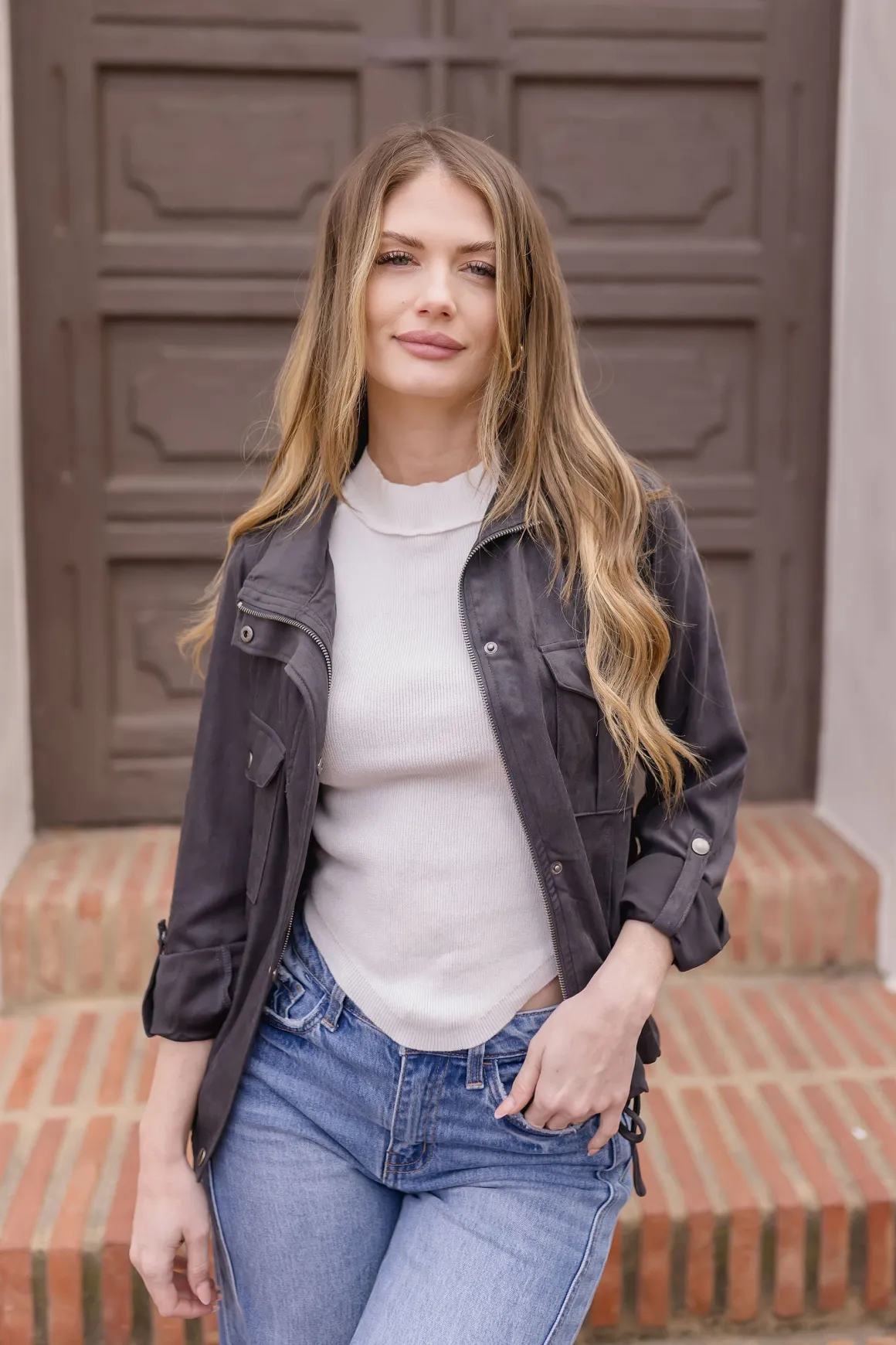 Angela Long Sleeve Drawstring Utility Jacket Taupe Black