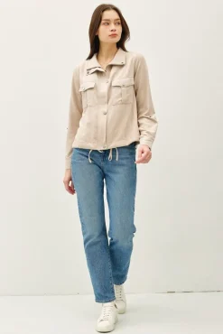 Angela Long Sleeve Drawstring Utility Jacket Taupe Beige