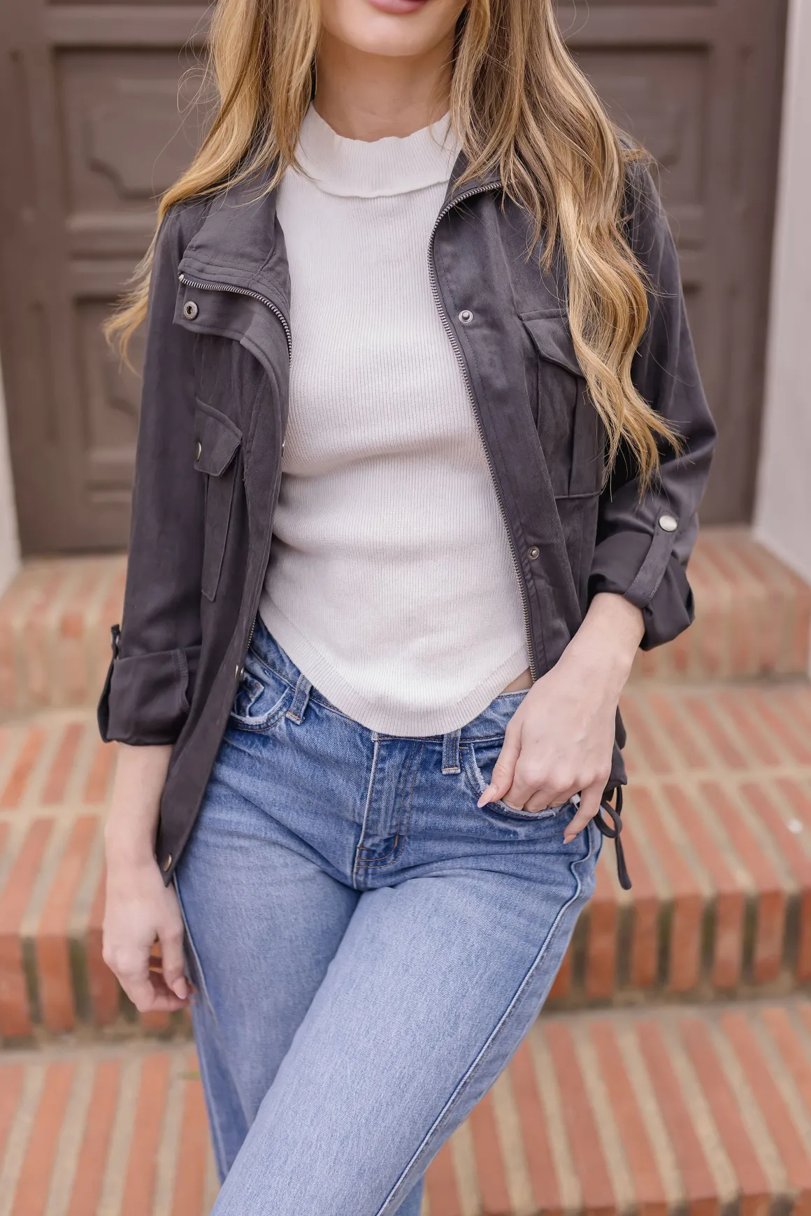 Angela Long Sleeve Drawstring Utility Jacket Taupe Black