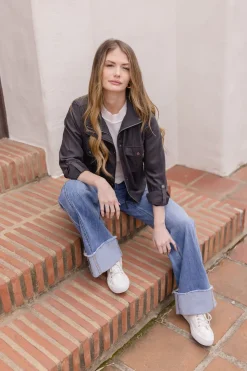 Angela Long Sleeve Drawstring Utility Jacket Taupe Black