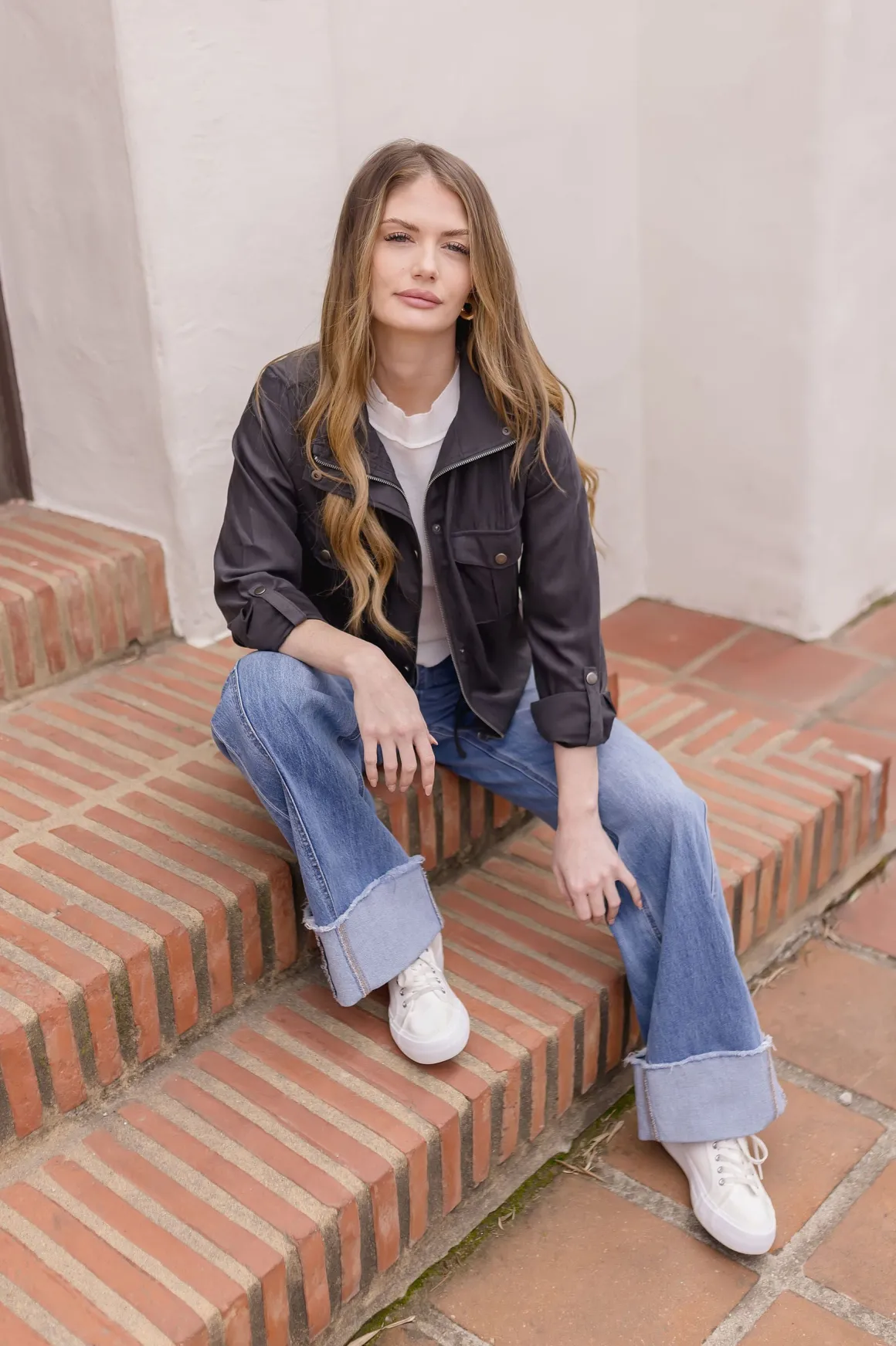 Angela Long Sleeve Drawstring Utility Jacket Taupe Black