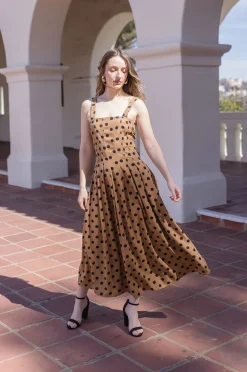 Angelina Sleeveless Polka Dot Print Maxi Dress Taupe