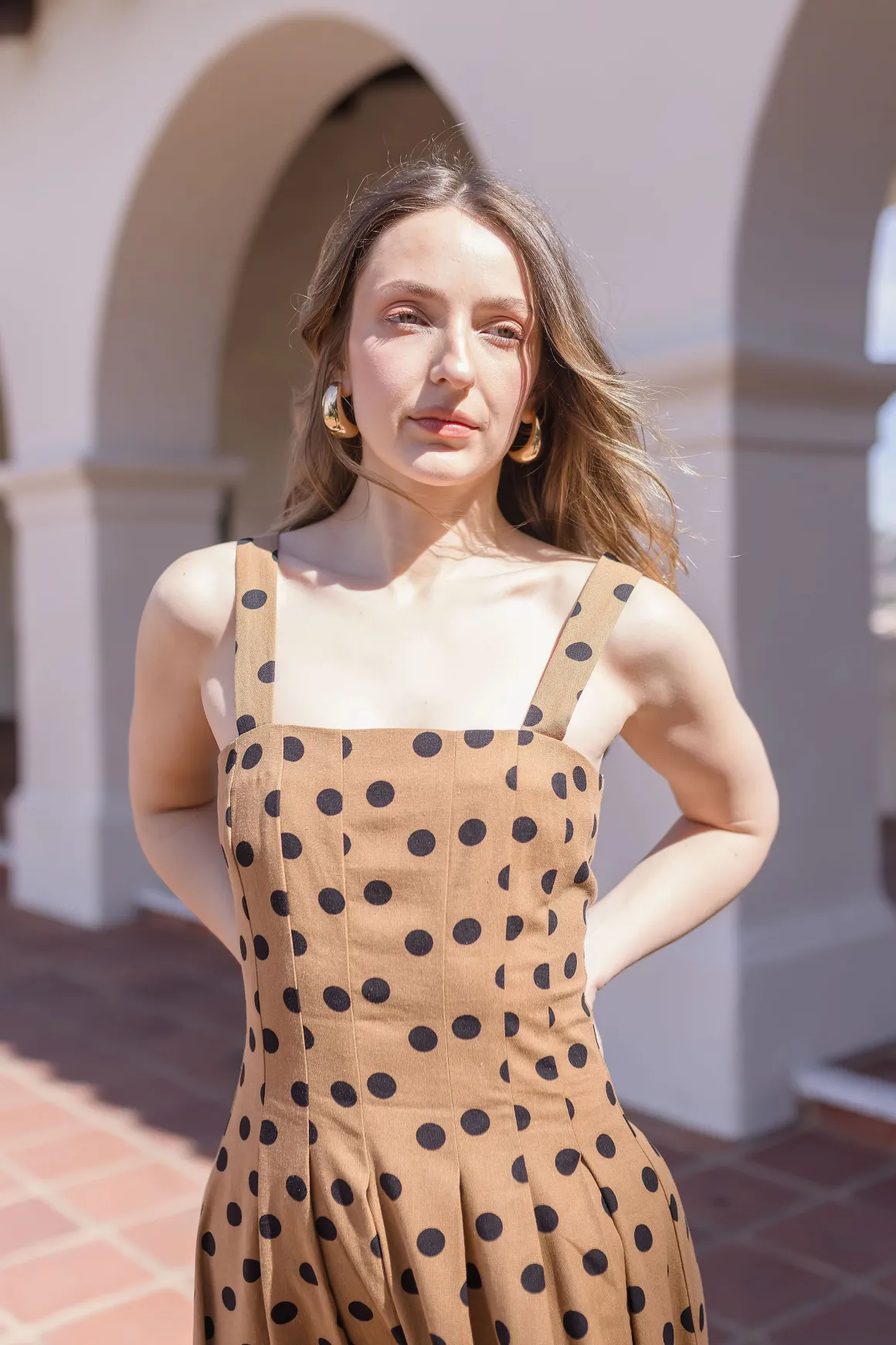 Angelina Sleeveless Polka Dot Print Maxi Dress Taupe