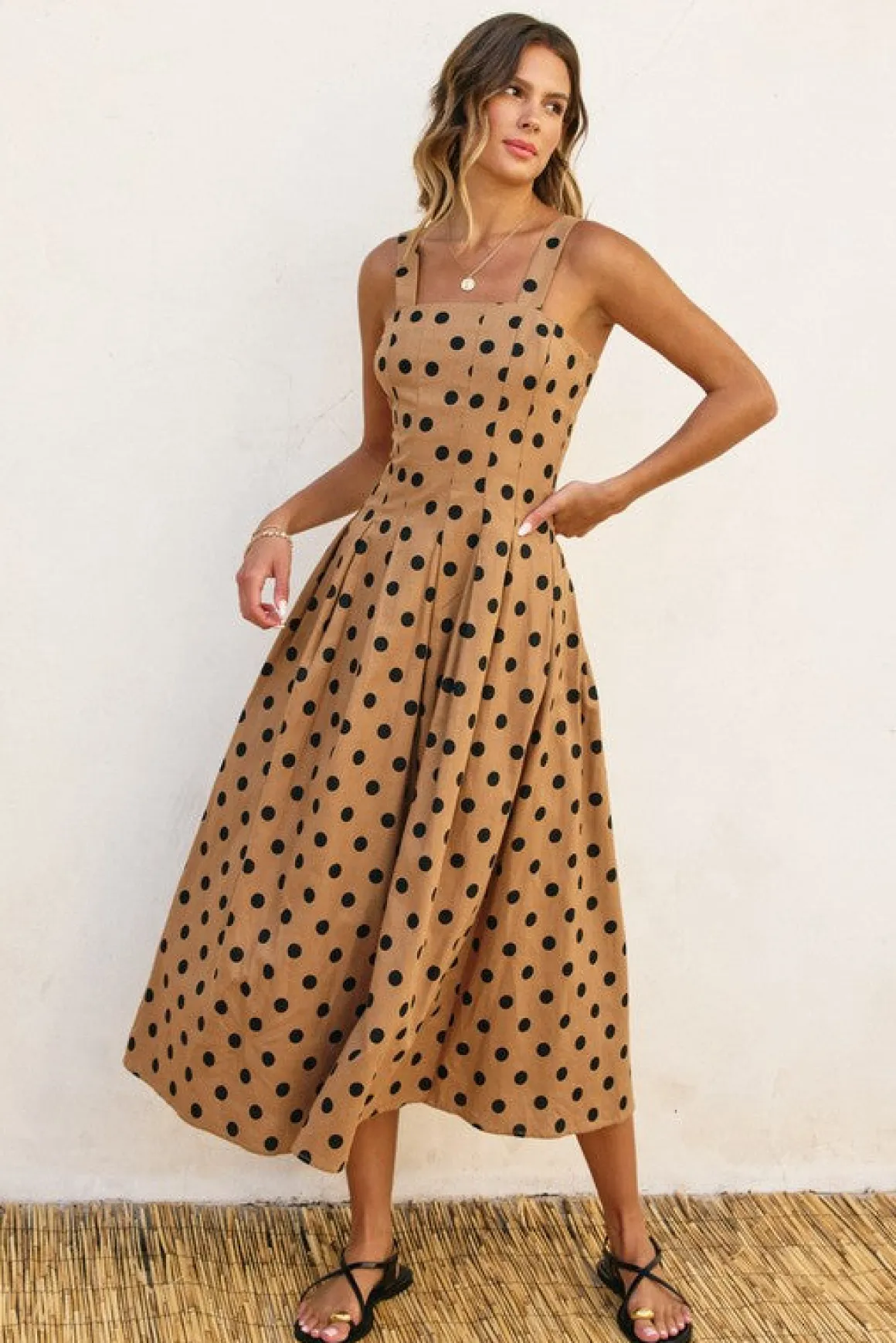 Angelina Sleeveless Polka Dot Print Maxi Dress Taupe