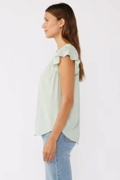 Angie Short Flutter Sleeve Button Down Embroidered Top Mint