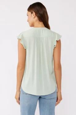 Angie Short Flutter Sleeve Button Down Embroidered Top Mint