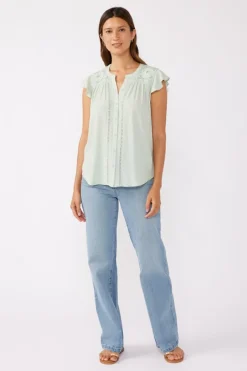 Angie Short Flutter Sleeve Button Down Embroidered Top Mint