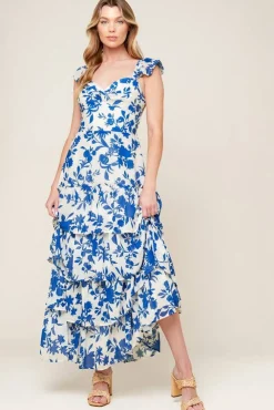 Annalise Ruffle Sleeve Floral Print Tiered Maxi Dress Blue