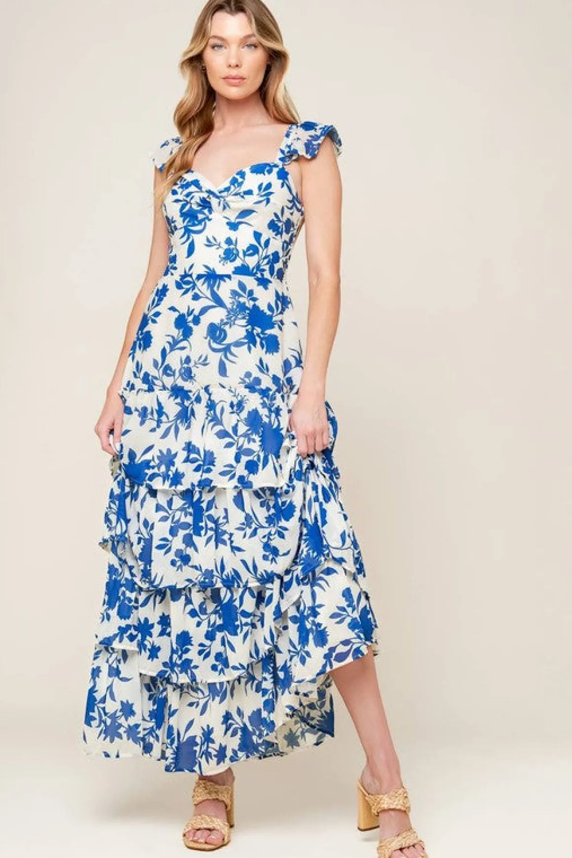 Annalise Ruffle Sleeve Floral Print Tiered Maxi Dress Blue