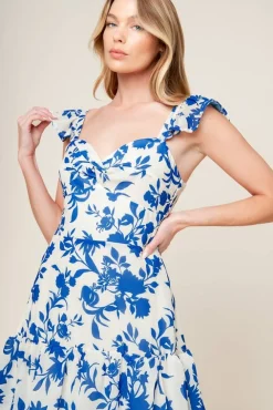 Annalise Ruffle Sleeve Floral Print Tiered Maxi Dress Blue