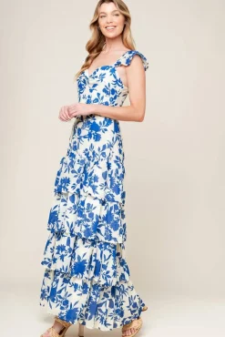 Annalise Ruffle Sleeve Floral Print Tiered Maxi Dress Blue