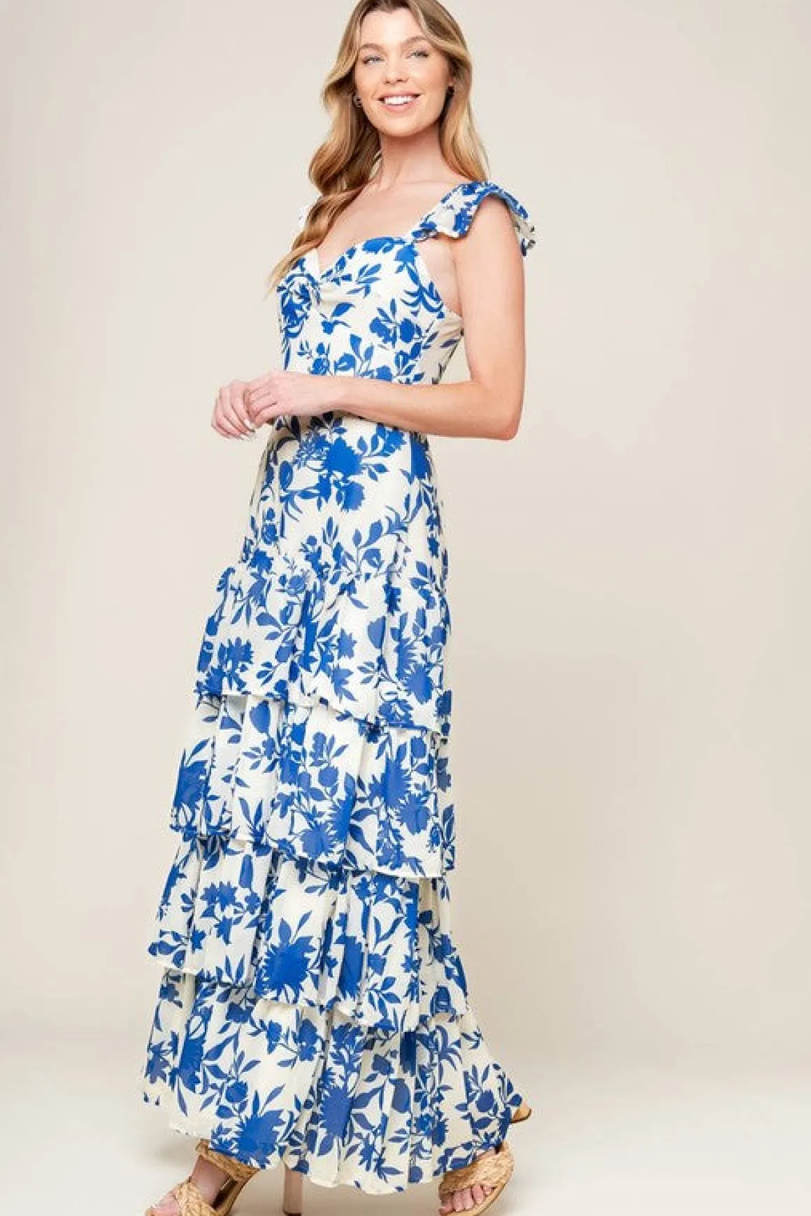 Annalise Ruffle Sleeve Floral Print Tiered Maxi Dress Blue
